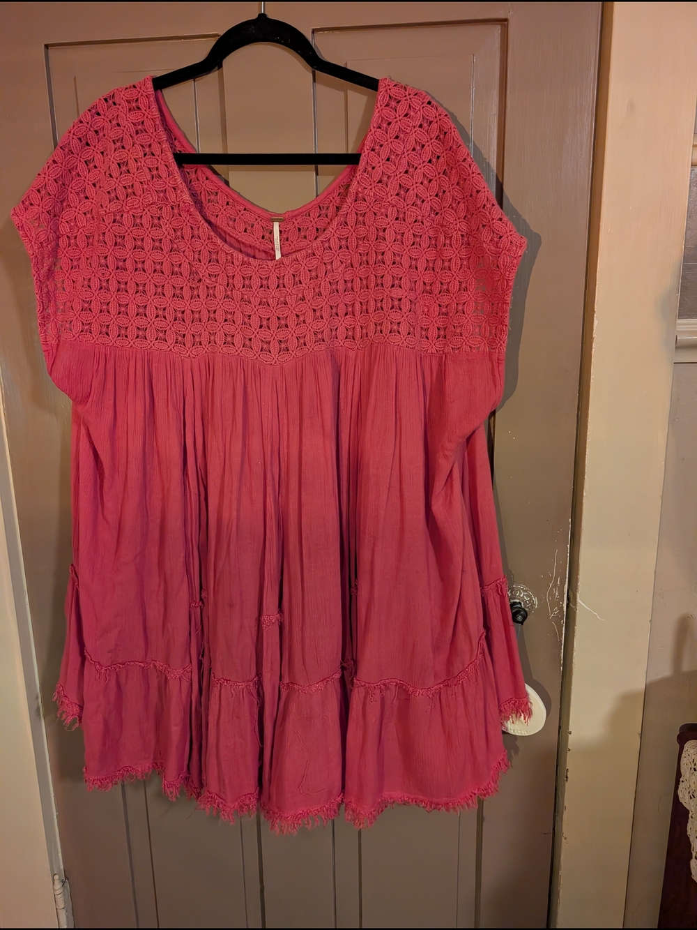 Free People Red Crochet Yoke Flowy Tunic Top Raw Edge Hem - Size Small Oversized